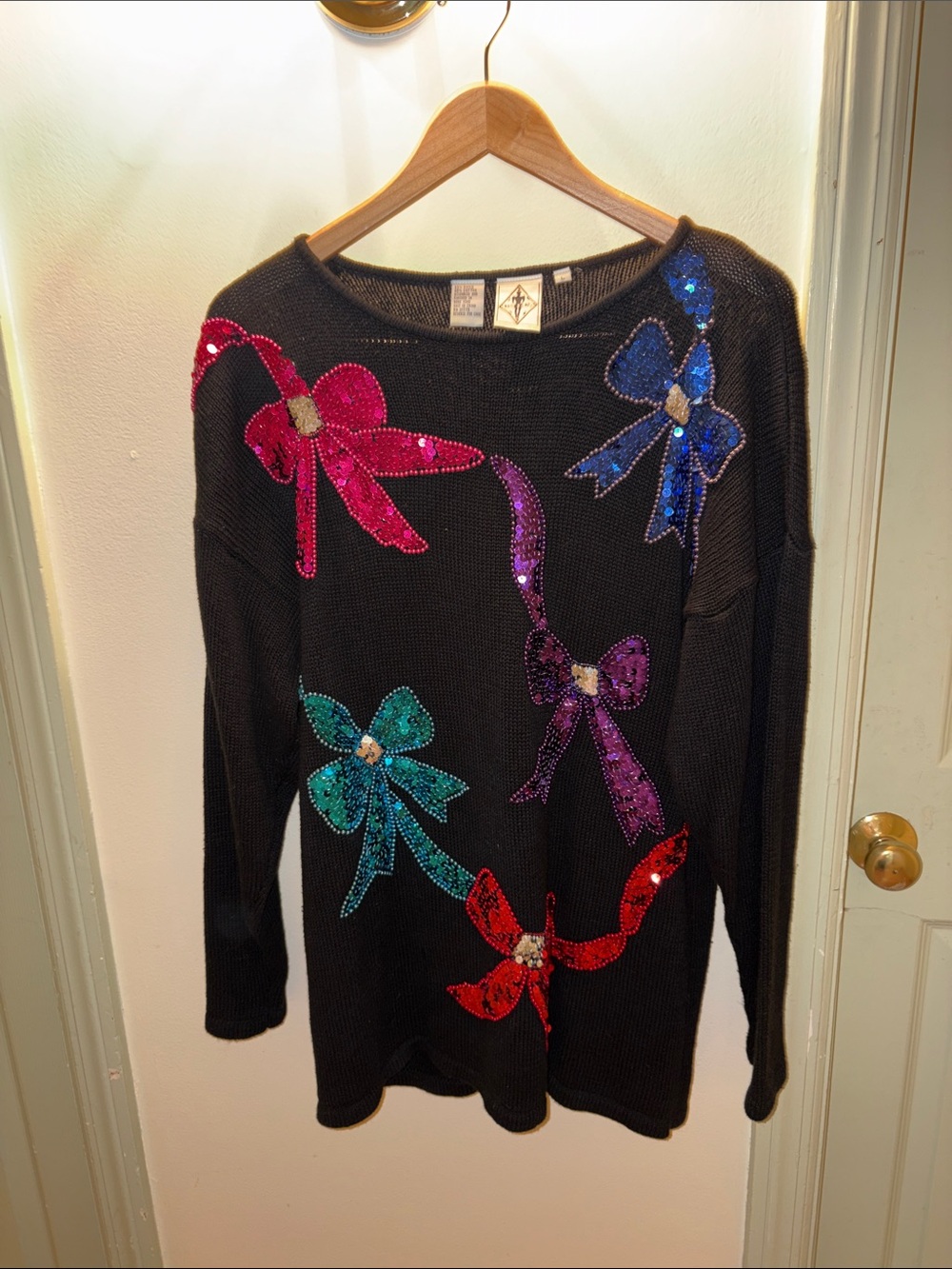 Black Sequin Bow Crewneck Sweater